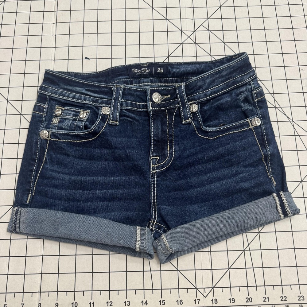 Miss Me Shorts Womens 26 Blue Denim Cuffed Hot Pants Embroidered Rhinestone - Picture 3 of 3